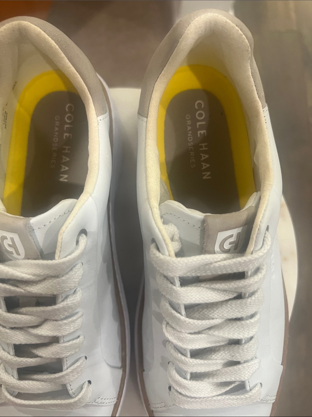 Cole Haan White Leather Sneakers with Yellow Insoles and Brown Trim - Picture 2 of 5